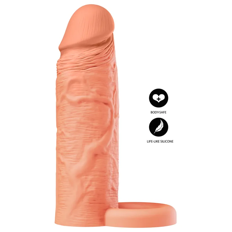 HIDDEN DESIRE - MANCHON D'EXTENSION EN SILICONE LIQUIDE INFERNO AVEC ANNEAU – 15 CM – Ø 4,5 CM – TEINTE COULEUR DE PEAU
