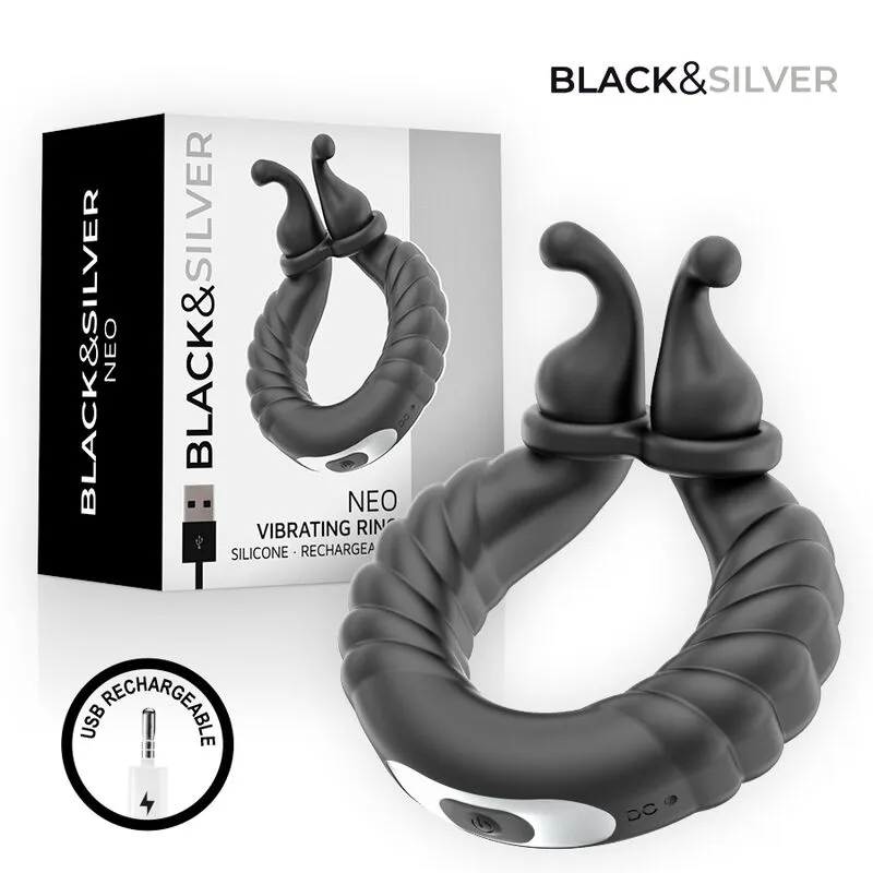 BLACK &amp; SILVER - ANNEAU VIBRANT RECHARGEABLE POUR COUPLES NEO NOIR