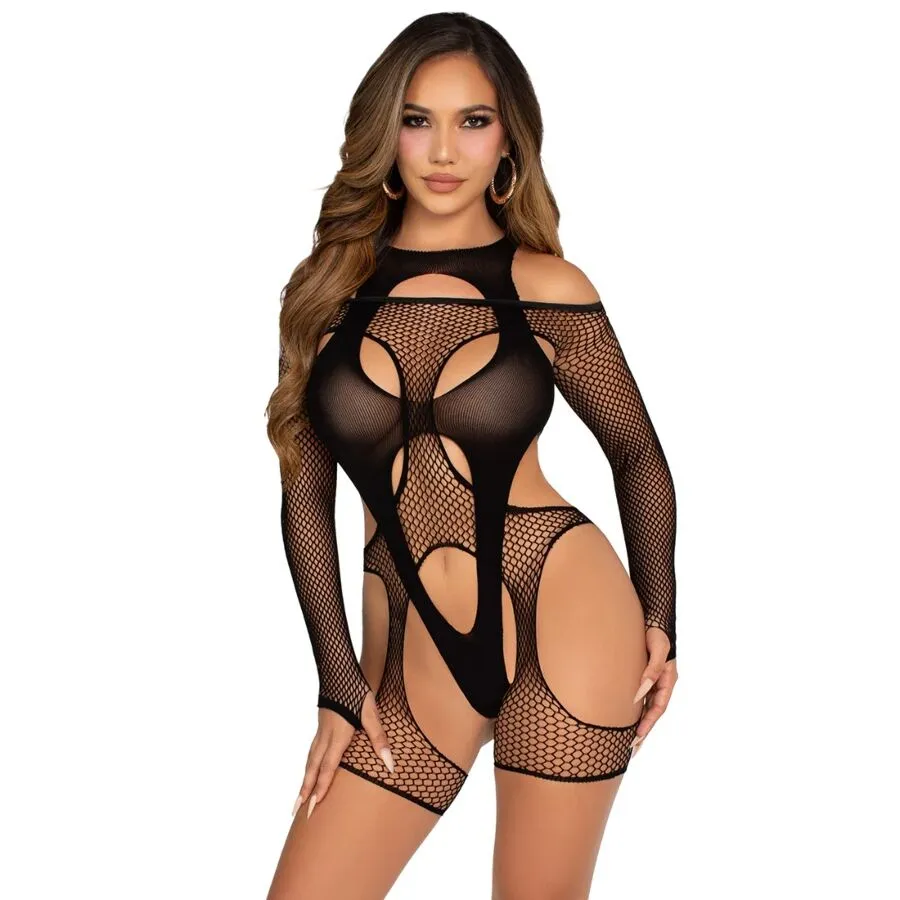 LEG AVENUE - BODYSTOCKING RÉSILLE AVEC PORTE-JARRETELLES ET HARNAIS NOIR