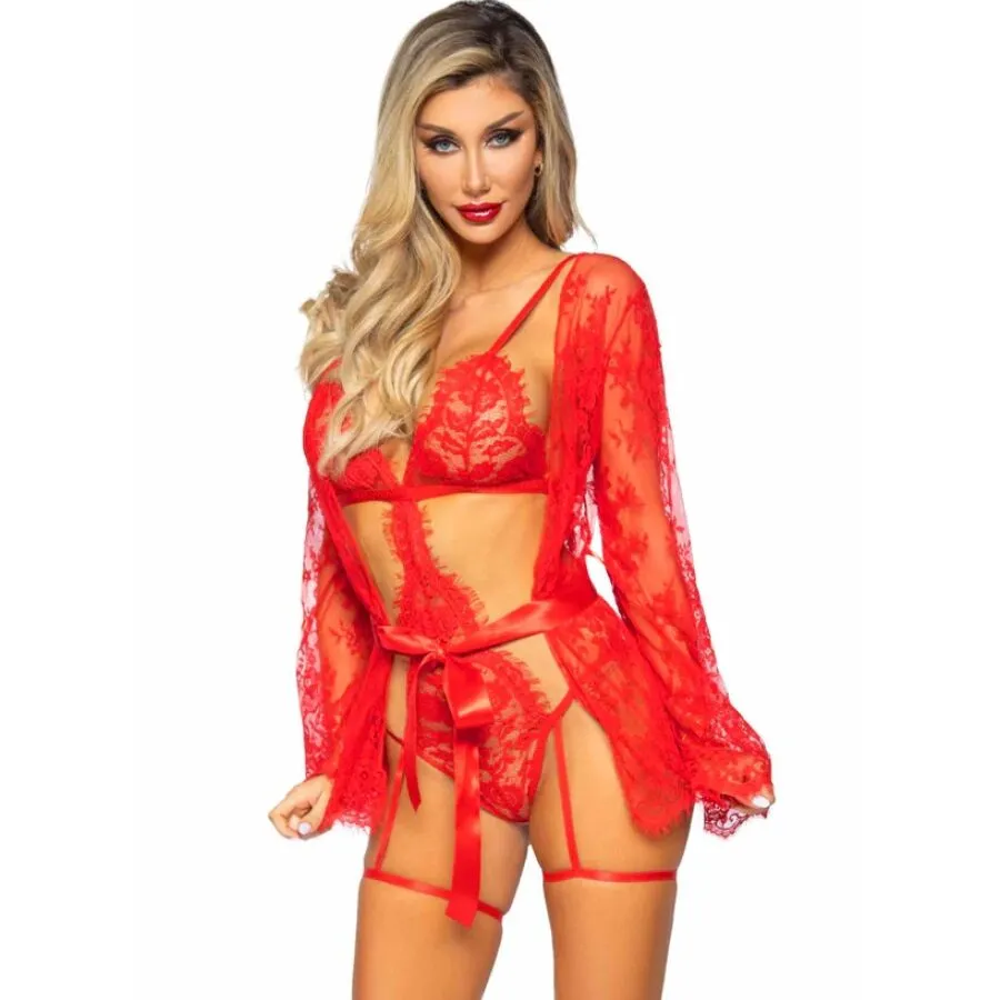 LEG AVENUE - 86123 ENSEMBLE PEIGNOIR ET PORTE-JARRETELLES ROUGE TAILLE S