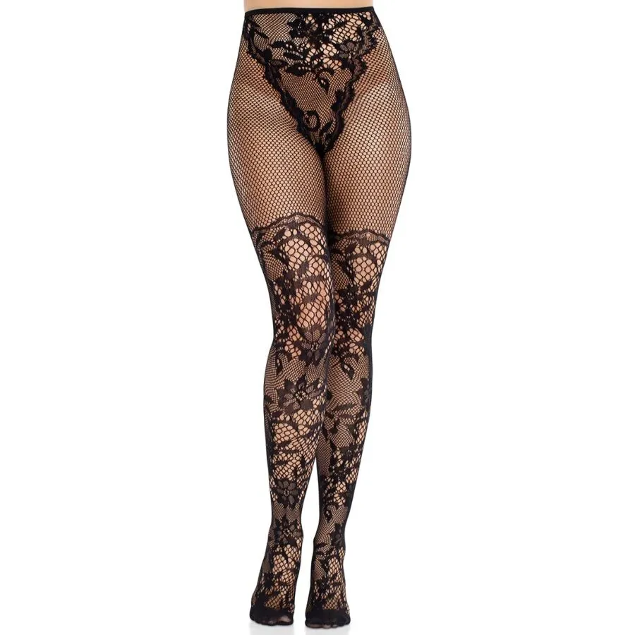 LEG AVENUE - BAS EN DENTELLE DAHLIA AVEC DÉTAIL EN FILET NOIR