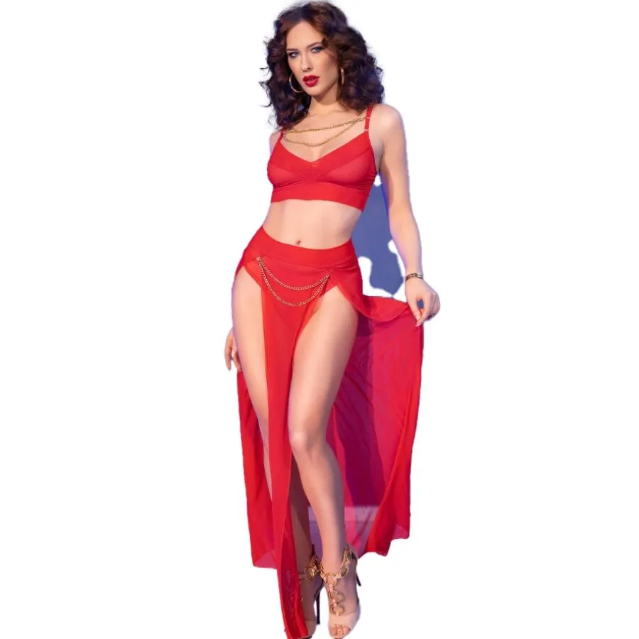 CHILIROSE - CR 4850 ENSEMBLE TOP ET LEGGINGS ROUGE AVEC ACCESSOIRES DORÉS L