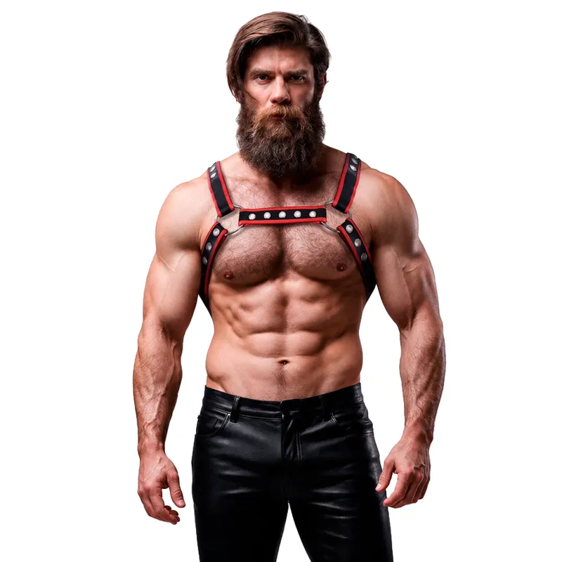 FETISH SUBMISSIVE ATTITUDE - HARNAIS DE POITRINE BULLDOG EN CUIR ÉCOLOGIQUE POUR HOMMES NOIR/ROUGE