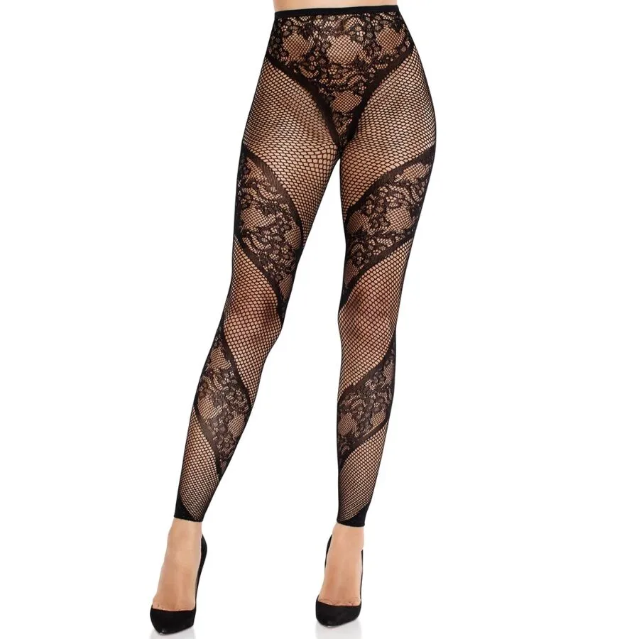 LEG AVENUE - COLLANTS SANS PIEDS EN DENTELLE ET TRANSPARENTS NOIRS