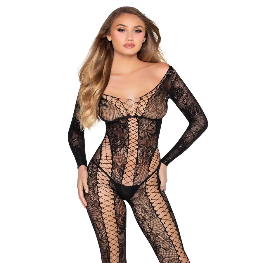LEG AVENUE - 89369 COMBINAISON EN RÉSILLE ET DENTELLE NOIRE - TAILLE UNIQUE
