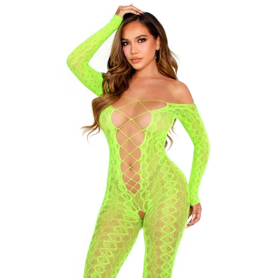 LEG AVENUE - BODYSTOCKING SANS FOURCHE EN DENTELLE SERPENT EXOTIQUE VERT FLUO