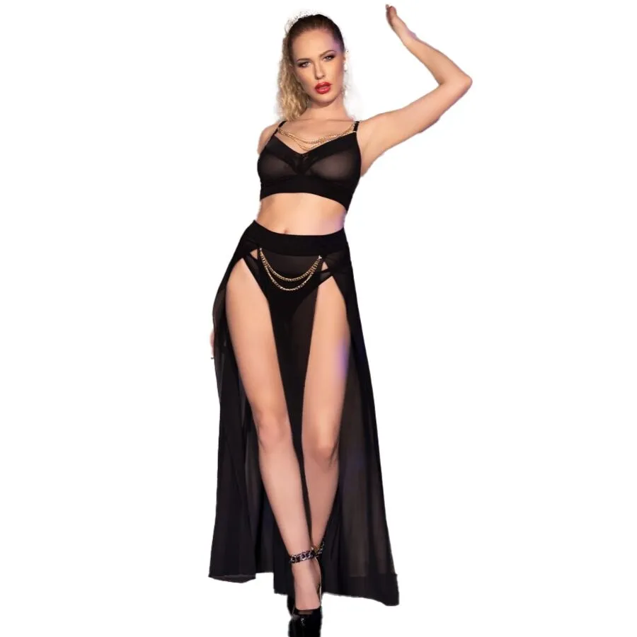CHILIROSE - CR 4672 JUPE ET STRING NOIRS AVEC CHAÎNES DORÉS M