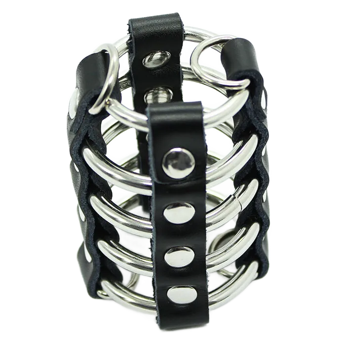 OHMAMA FETISH - CAGE  PÉNIS AVEC ANNEAUX MÉTALLIQUES ET SANGLE EN CUIR