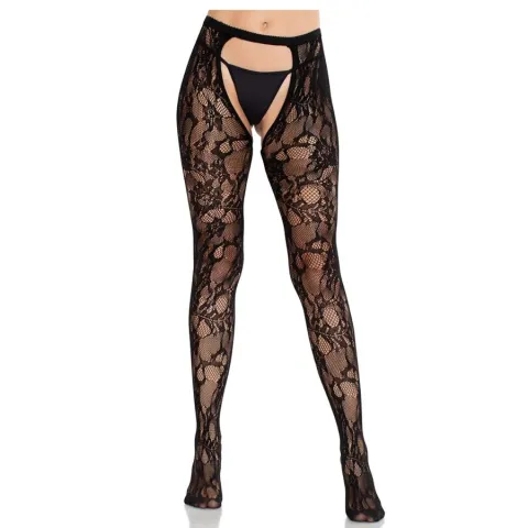 LEG AVENUE - BAS EN DENTELLE ROSE AVEC DOS OUVERT NOIR