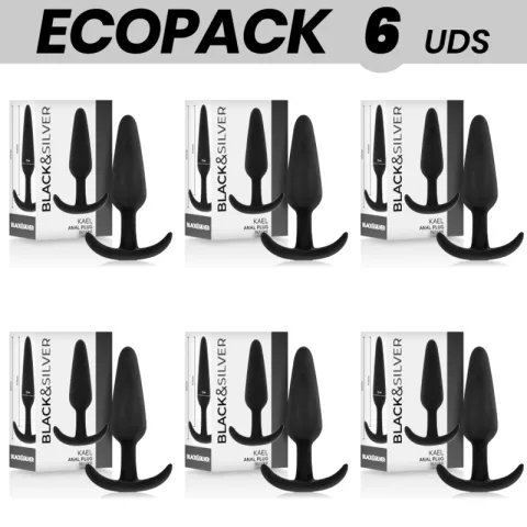 ECOPACK 6 UNITÉS - BLACK&SILVER PLUG ANAL EN SILICONE KAEL AVEC POIGNÉE MOYENNE