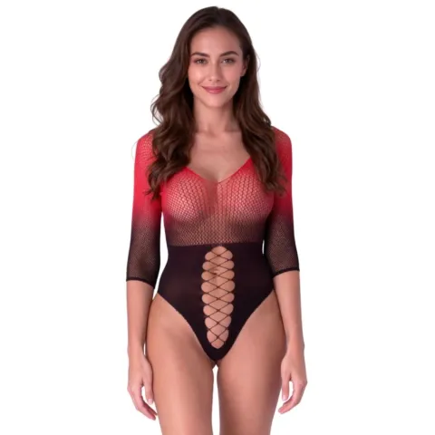 PASSION - BS118 BODYSTOCKING EN MAILLE NOIRE ET ROUGE