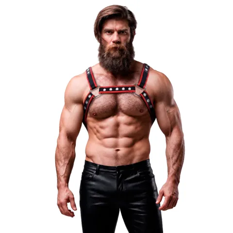 FETISH SUBMISSIVE ATTITUDE - HARNAIS DE POITRINE BULLDOG EN CUIR ÉCOLOGIQUE POUR HOMMES NOIR/ROUGE