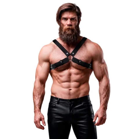 FETISH SUBMISSIVE ATTITUDE - HARNAIS DE POITRINE RÉGLABLE EN ÉCO-CUIR POUR HOMMES AVEC CROIX BULLDOG