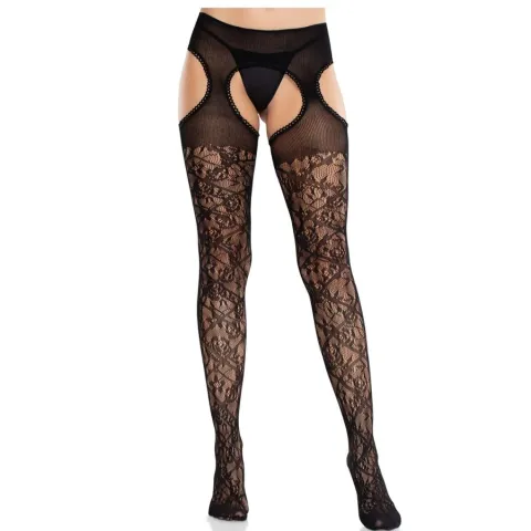 LEG AVENUE - BAS EN DENTELLE FLORALE AVEC JARRETELLES UNITED BLACK