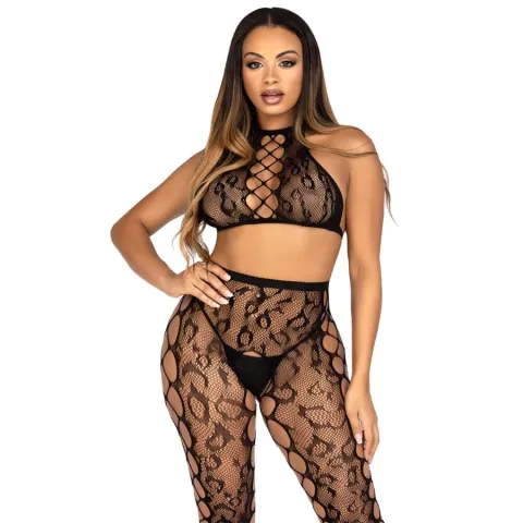 LEG AVENUE - 89372 CROP TOP ET COLLANTS SANS ENTREJAMBE NOIRS - TAILLE UNIQUE