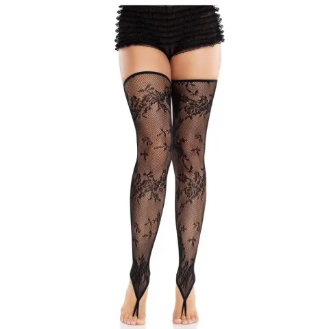 LEG AVENUE - BAS SANS PIEDS EN DENTELLE FLORALE NOIR