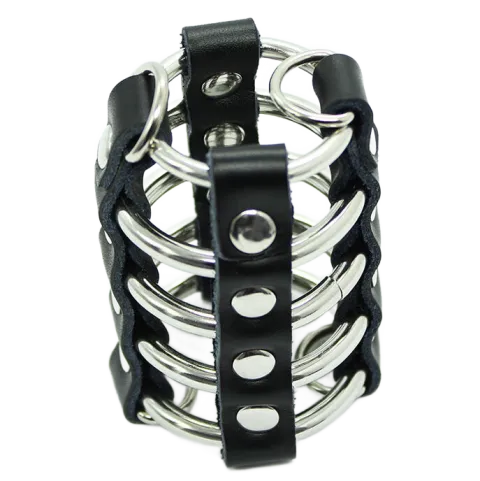 OHMAMA FETISH - CAGE  PÉNIS AVEC ANNEAUX MÉTALLIQUES ET SANGLE EN CUIR