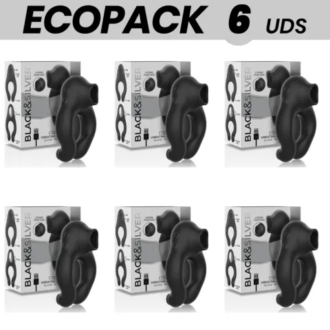 ECOPACK 6 UNITÉS - ANNEAU VIBRATEUR EN SILICONE BLACK&SILVER 3 MOTEURS RECHARGEABLES NOIR