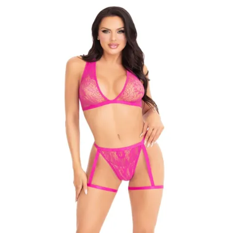 LEG AVENUE - 86148 ENSEMBLE SOUTIEN-GORGE ET CULOTTE EN DENTELLE AVEC PORTE-JARRETELLES ROSE - TAILLE UNIQUE