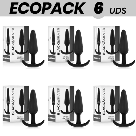 ECOPACK 6 UNITÉS - PLUG ANAL EN SILICONE BLACK&SILVER HANSEL AVEC PETITE POIGNÉE